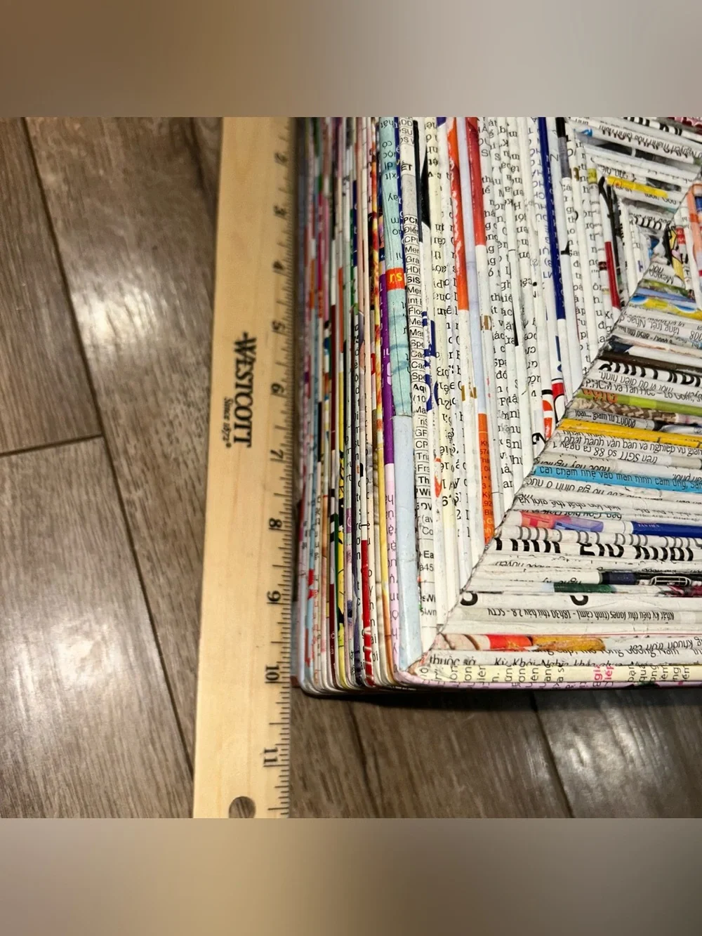 2 Recycled Newspaper Magazine Baskets Storage Bins Eco Friendly Folk Art